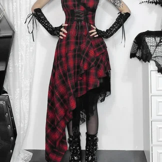 Asymmetrical Hem Plaid Gothic Dress