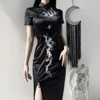 High Neck Slit Black Gothic Dress